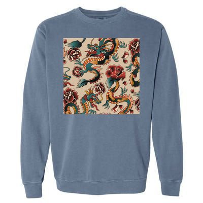 Dragon Tattoo Floral Pattern Garment-Dyed Sweatshirt