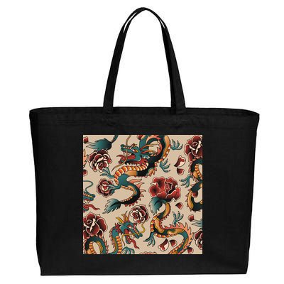 Dragon Tattoo Floral Pattern Cotton Canvas Jumbo Tote