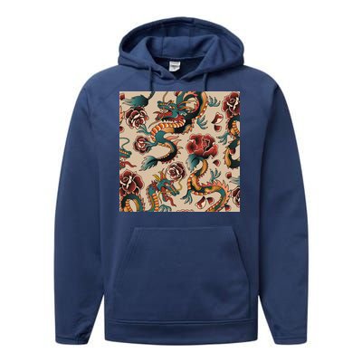 Dragon Tattoo Floral Pattern Performance Fleece Hoodie