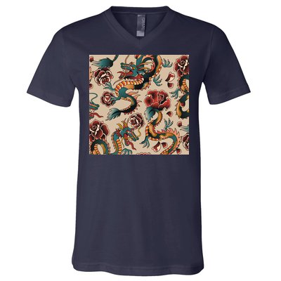 Dragon Tattoo Floral Pattern V-Neck T-Shirt