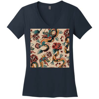 Dragon Tattoo Floral Pattern Women's V-Neck T-Shirt