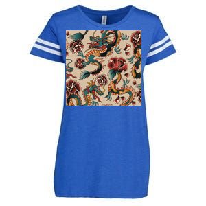 Dragon Tattoo Floral Pattern Enza Ladies Jersey Football T-Shirt