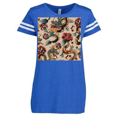 Dragon Tattoo Floral Pattern Enza Ladies Jersey Football T-Shirt