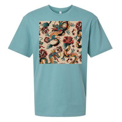 Dragon Tattoo Floral Pattern Sueded Cloud Jersey T-Shirt