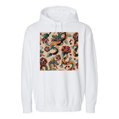 Dragon Tattoo Floral Pattern Garment-Dyed Fleece Hoodie