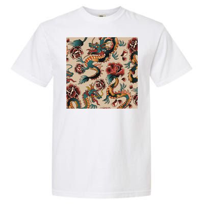 Dragon Tattoo Floral Pattern Garment-Dyed Heavyweight T-Shirt