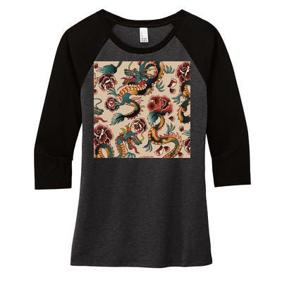 Dragon Tattoo Floral Pattern Women's Tri-Blend 3/4-Sleeve Raglan Shirt