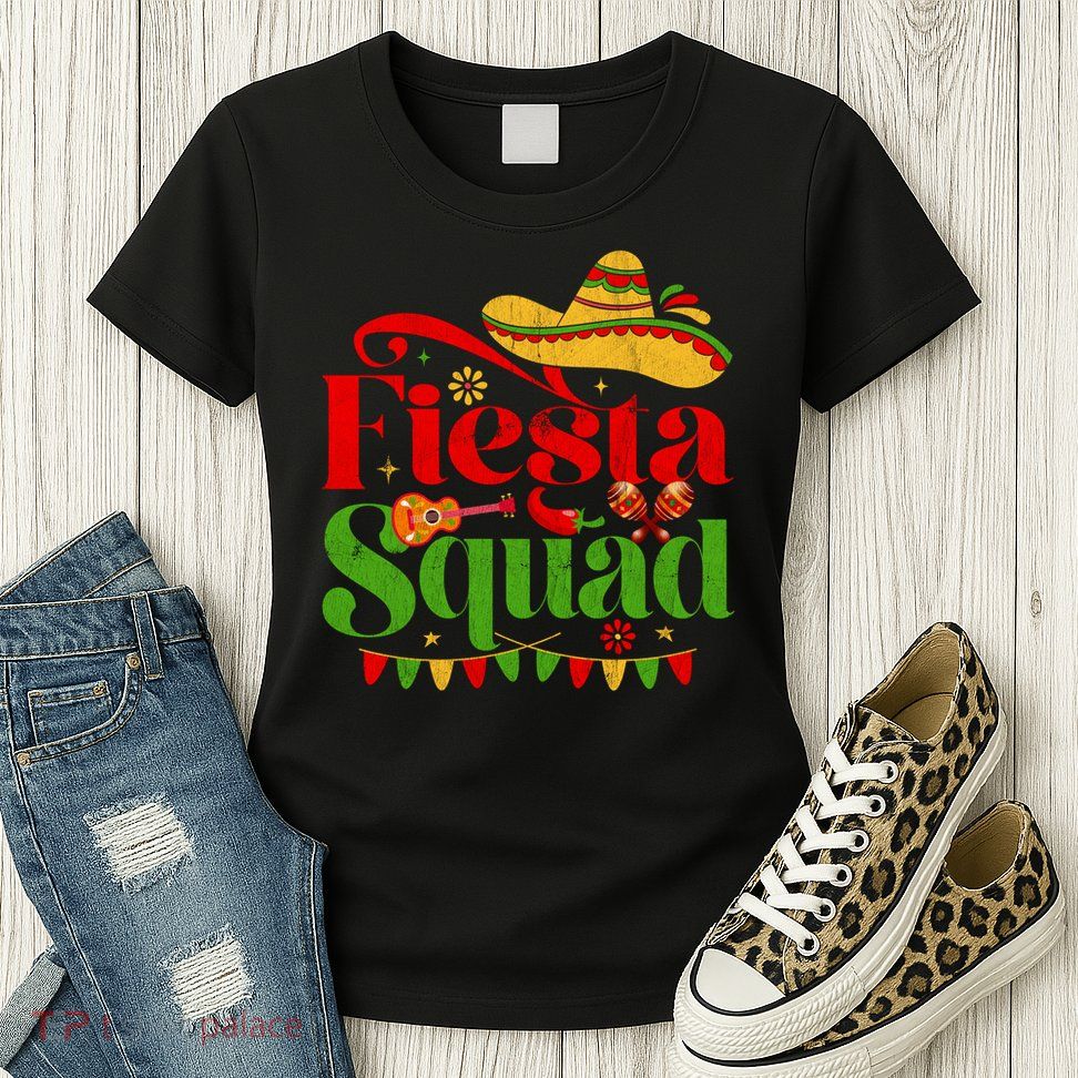 Down To Fiesta Squad Happy Cinco De Mayo Mexican Guitar Sombrero Womens T-Shirt