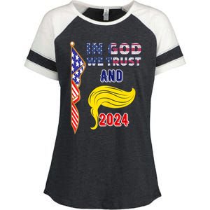 Donald Trump For President 2024 American Flag Enza Ladies Jersey Colorblock Tee