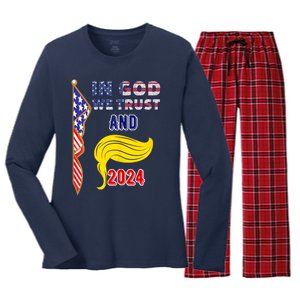 Donald Trump For President 2024 American Flag Women's Long Sleeve Flannel Pajama Set 