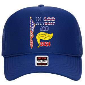 Donald Trump For President 2024 American Flag High Crown Mesh Back Trucker Hat