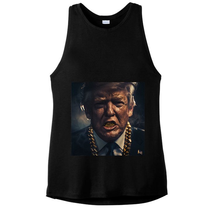 Donald Trump Gold Grillz Ladies PosiCharge Tri-Blend Wicking Tank