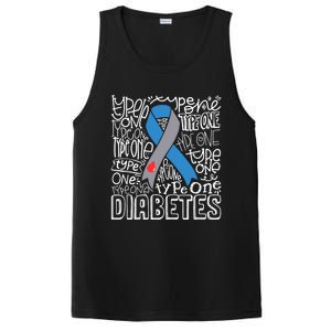 Diabetes Typography Grey Blue Ribbon Diabetes Awareness Funny Gift PosiCharge Competitor Tank