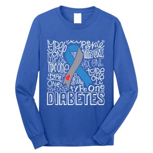 Diabetes Typography Grey Blue Ribbon Diabetes Awareness Funny Gift Long Sleeve Shirt