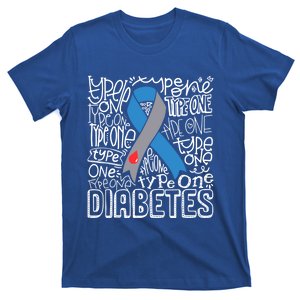 Diabetes Typography Grey Blue Ribbon Diabetes Awareness Funny Gift T-Shirt