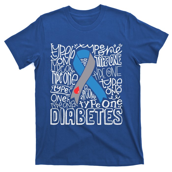 Diabetes Typography Grey Blue Ribbon Diabetes Awareness Funny Gift T-Shirt