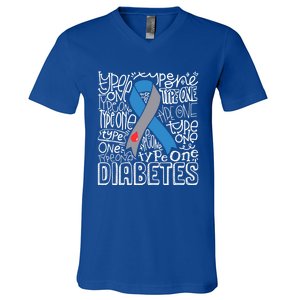 Diabetes Typography Grey Blue Ribbon Diabetes Awareness Funny Gift V-Neck T-Shirt