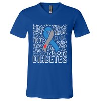 Diabetes Typography Grey Blue Ribbon Diabetes Awareness Funny Gift V-Neck T-Shirt