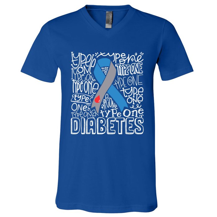 Diabetes Typography Grey Blue Ribbon Diabetes Awareness Funny Gift V-Neck T-Shirt