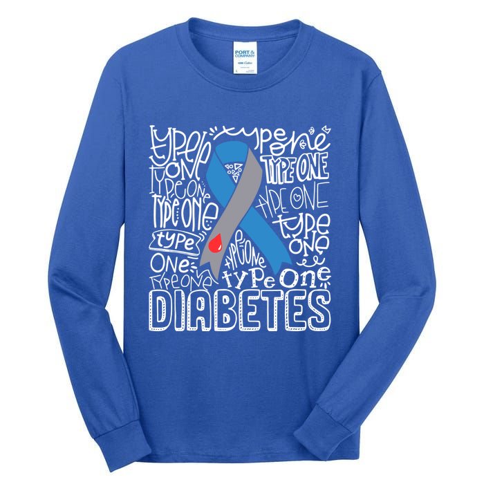 Diabetes Typography Grey Blue Ribbon Diabetes Awareness Funny Gift Tall Long Sleeve T-Shirt