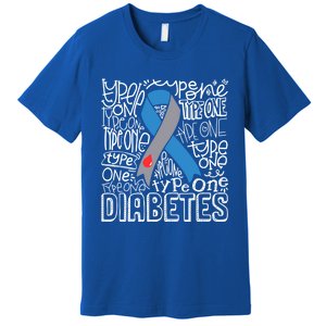 Diabetes Typography Grey Blue Ribbon Diabetes Awareness Funny Gift Premium T-Shirt