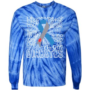 Diabetes Typography Grey Blue Ribbon Diabetes Awareness Funny Gift Tie-Dye Long Sleeve Shirt