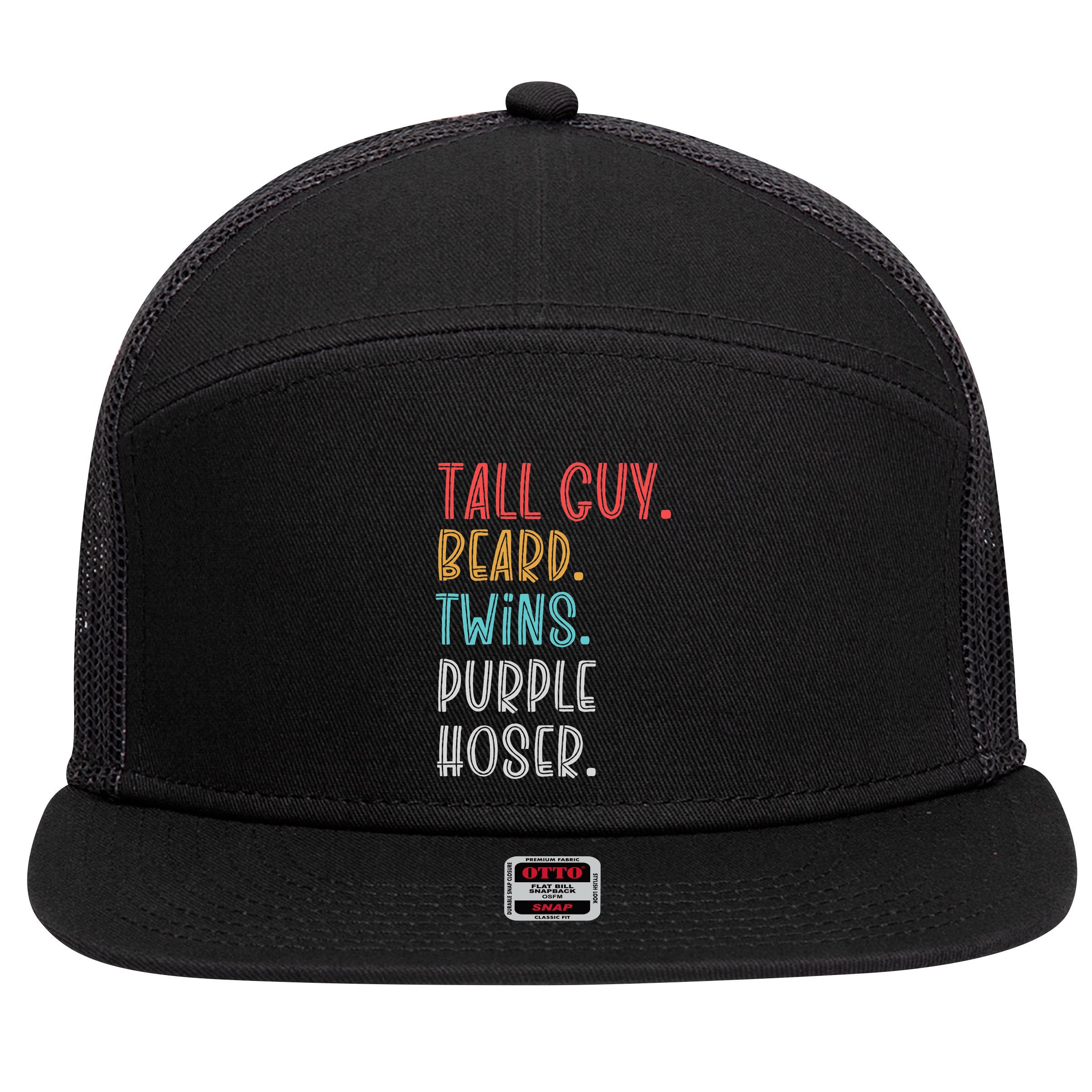 Dude Tall Guy Beard Twins Purple Hoser Funny 7 Panel Mesh Trucker Snapback Hat