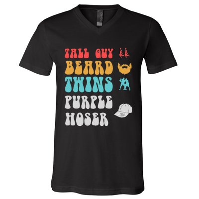 Dude Tall Guy Beard Twins Purple Hoser Funny V-Neck T-Shirt