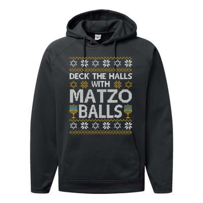 Deck The Halls With Matzo Balls Chanukkah Ugly Hanukkah Performance Fleece Hoodie