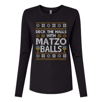 Deck The Halls With Matzo Balls Chanukkah Ugly Hanukkah Womens Cotton Relaxed Long Sleeve T-Shirt