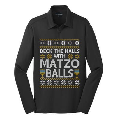 Deck The Halls With Matzo Balls Chanukkah Ugly Hanukkah Silk Touch Performance Long Sleeve Polo