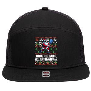 DECK THE HALLS PICKLE BALLS Ugly Christmas Pickleball  7 Panel Mesh Trucker Snapback Hat