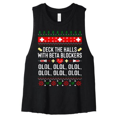 Deck the Halls with beta blockers Nurse Christmas Ugly Xmas Women's Racerback Cropped Tank