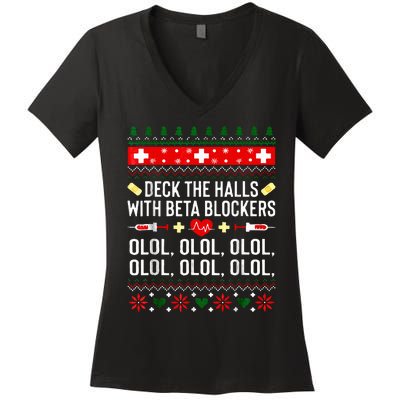 Deck the Halls with beta blockers Nurse Christmas Ugly Xmas Women's V-Neck T-Shirt