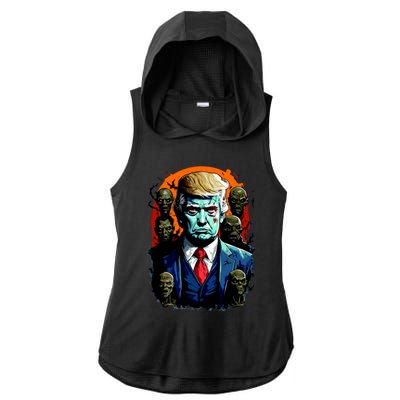 Donald Trump Halloween Silhouette With Zombies Ladies PosiCharge Tri-Blend Wicking Draft Hoodie Tank