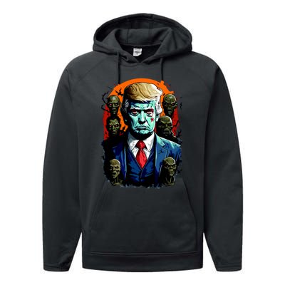 Donald Trump Halloween Silhouette With Zombies Performance Fleece Hoodie