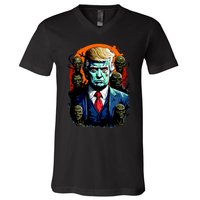 Donald Trump Halloween Silhouette With Zombies V-Neck T-Shirt