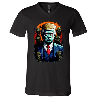 Donald Trump Halloween Silhouette With Zombies V-Neck T-Shirt