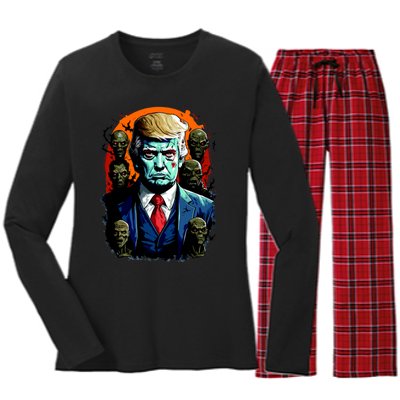 Donald Trump Halloween Silhouette With Zombies Women's Long Sleeve Flannel Pajama Set 