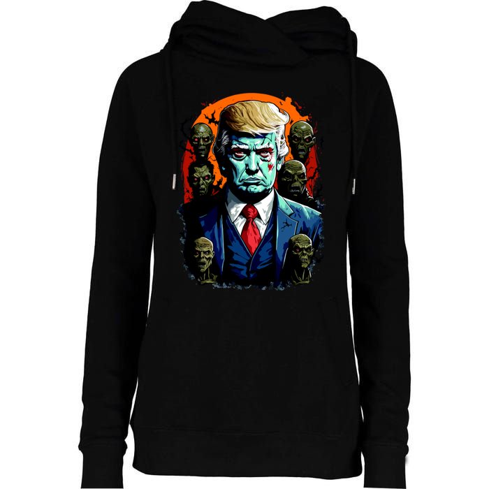 Donald Trump Halloween Silhouette With Zombies Womens Funnel Neck Pullover Hood