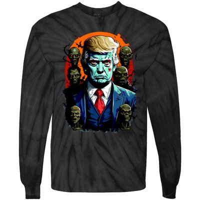 Donald Trump Halloween Silhouette With Zombies Tie-Dye Long Sleeve Shirt