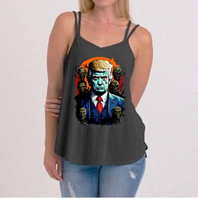 Donald Trump Halloween Silhouette With Zombies Women's Strappy Tank