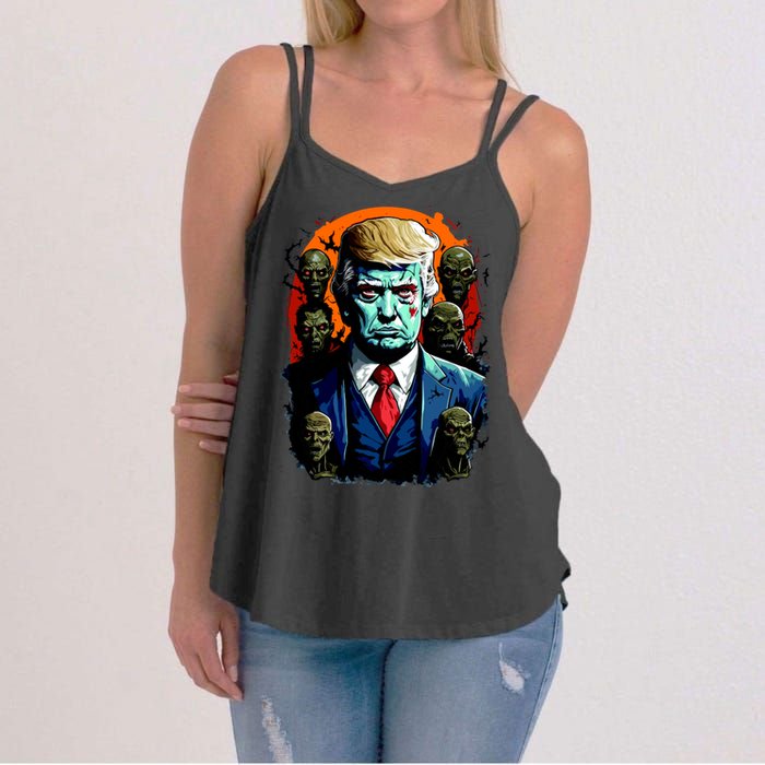 Donald Trump Halloween Silhouette With Zombies Women's Strappy Tank