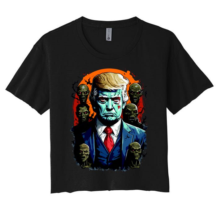 Donald Trump Halloween Silhouette With Zombies Women's Crop Top Tee