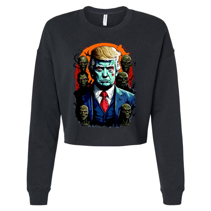 Donald Trump Halloween Silhouette With Zombies Cropped Pullover Crew