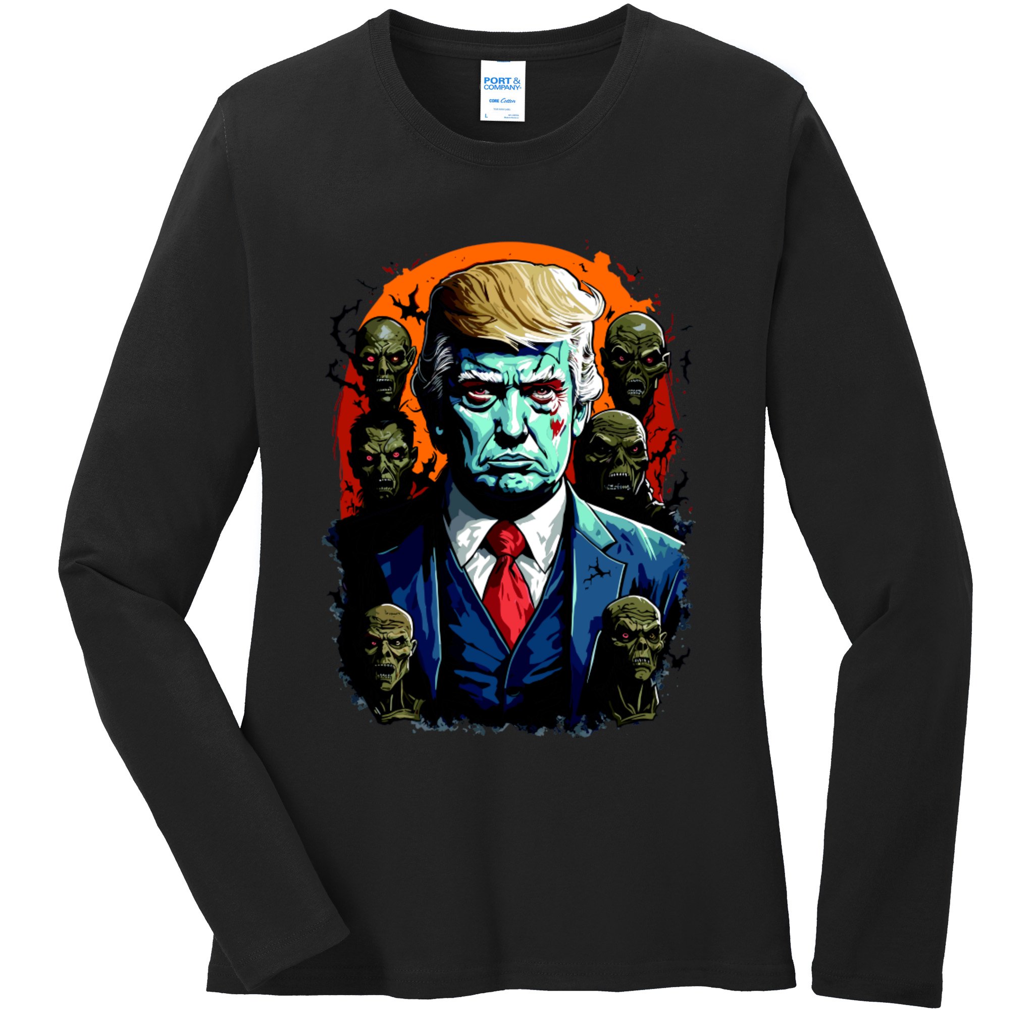 Donald Trump Halloween Silhouette With Zombies Ladies Long Sleeve Shirt