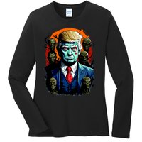 Donald Trump Halloween Silhouette With Zombies Ladies Long Sleeve Shirt