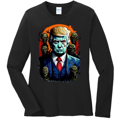 Donald Trump Halloween Silhouette With Zombies Ladies Long Sleeve Shirt