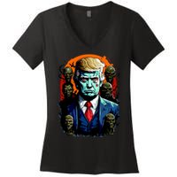 Donald Trump Halloween Silhouette With Zombies Women's V-Neck T-Shirt