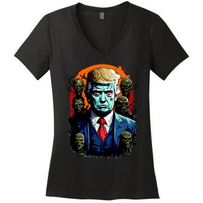 Donald Trump Halloween Silhouette With Zombies Women's V-Neck T-Shirt